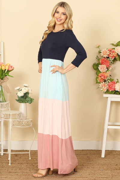 NAVY MULTI QUARTER SLEEVE COLOR BLOCK MAXI DRESS 2-2-2-2