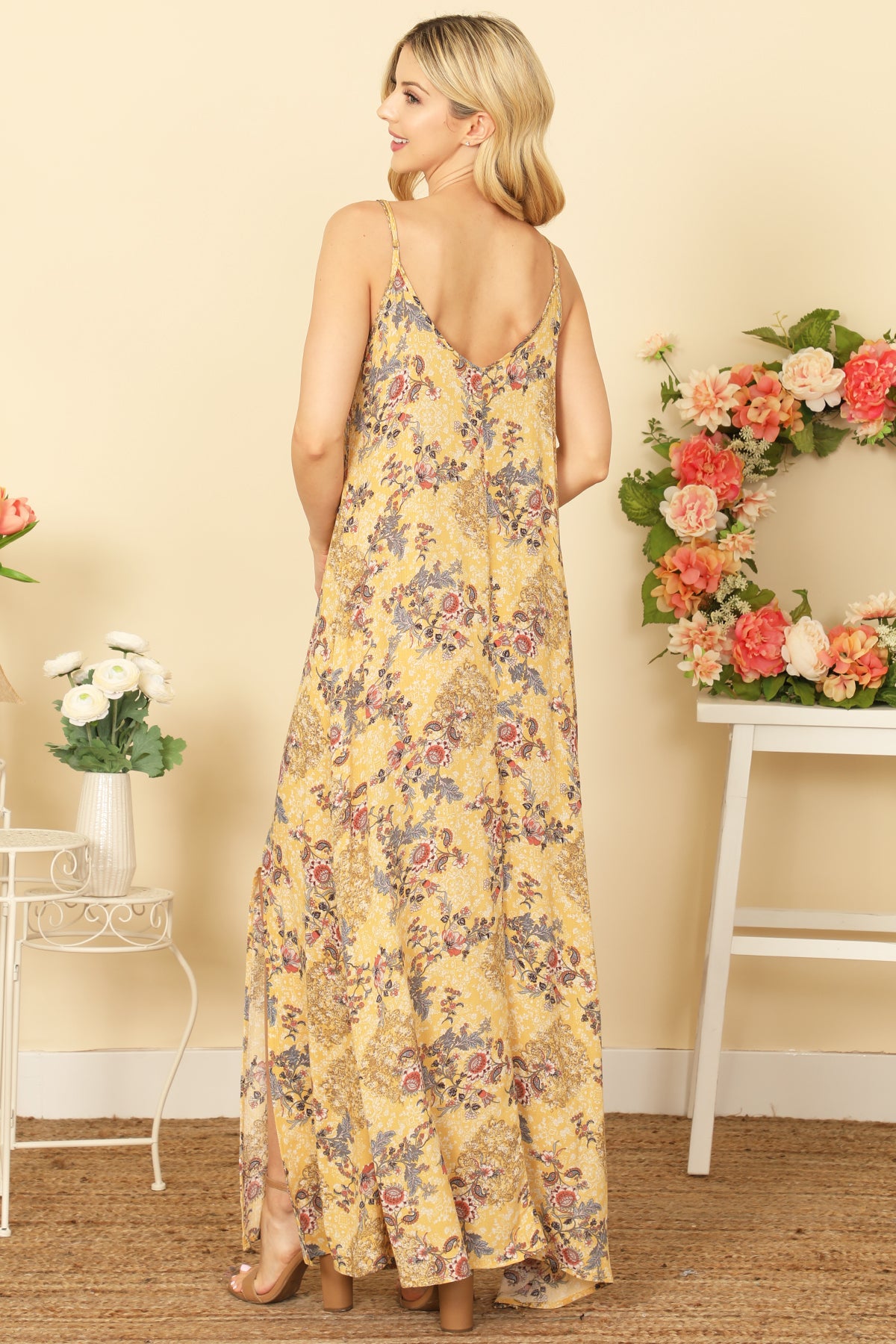 SPAGHETTI STRAP M-SLIT PRINTED MAXI DRESS 2-2-2