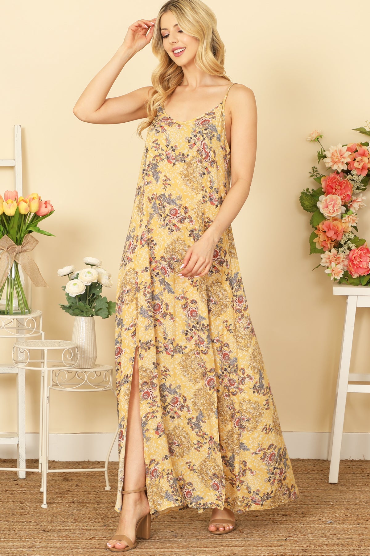 SPAGHETTI STRAP M-SLIT PRINTED MAXI DRESS 2-2-2