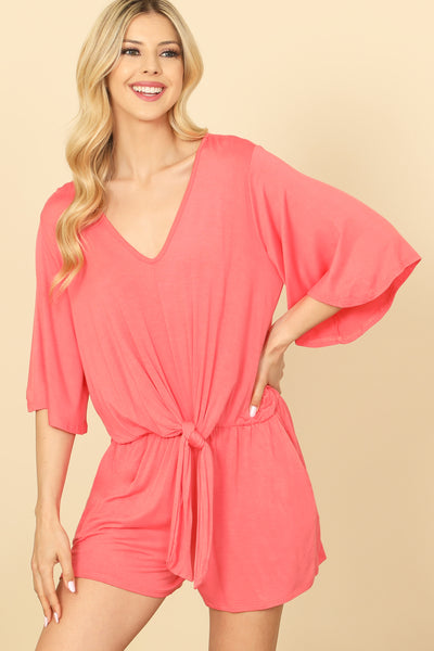 V-NECK BELL SLEEVE FRONT TIE SOLID ROMPER 2-2-2-2