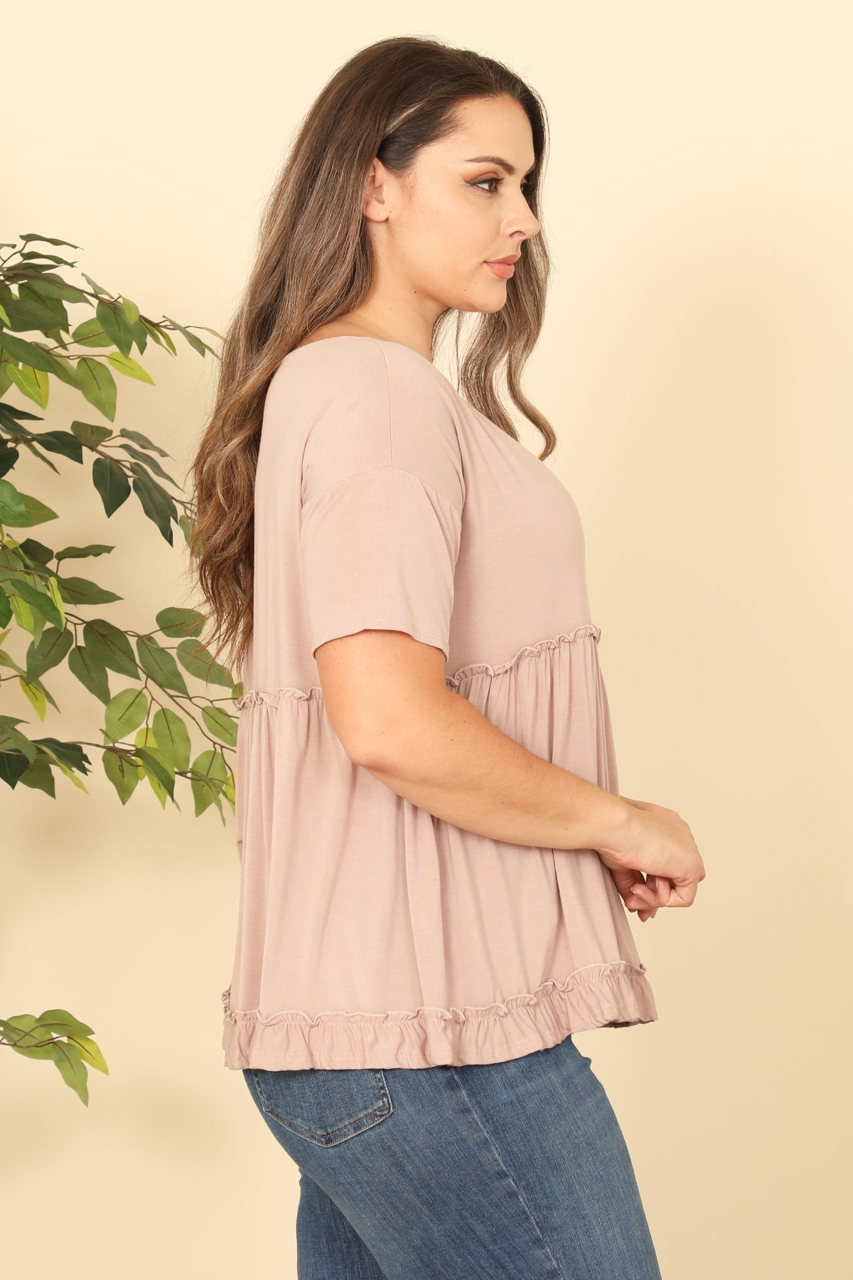 PLUS SIZE SHORT SLEEVE MERROW PLEATED DETAIL SOLID TOP 2-2-2