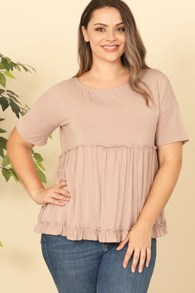 PLUS SIZE SHORT SLEEVE MERROW PLEATED DETAIL SOLID TOP 2-2-2