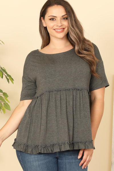 PLUS SIZE SHORT SLEEVE MERROW PLEATED DETAIL SOLID TOP 2-2-2