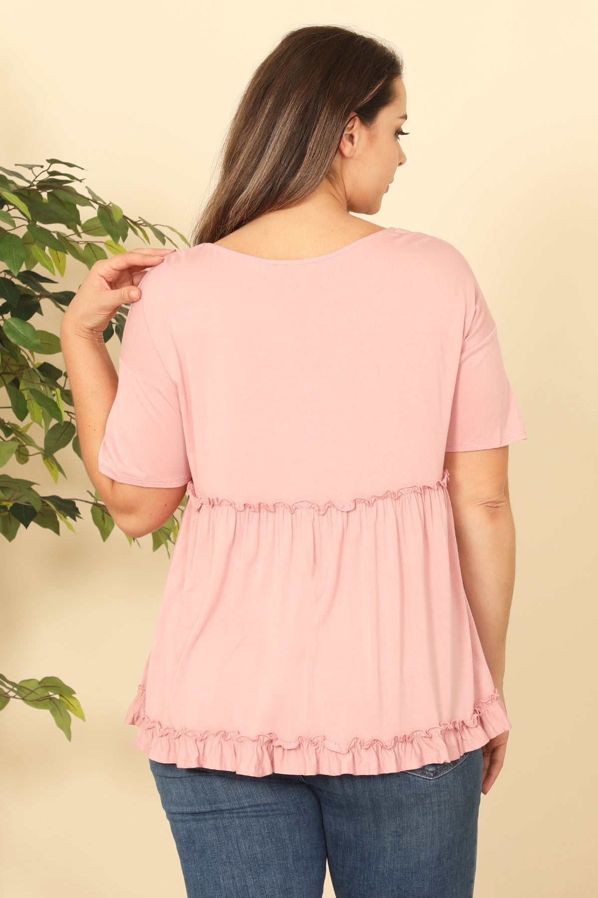 PLUS SIZE SHORT SLEEVE MERROW PLEATED DETAIL SOLID TOP 2-2-2