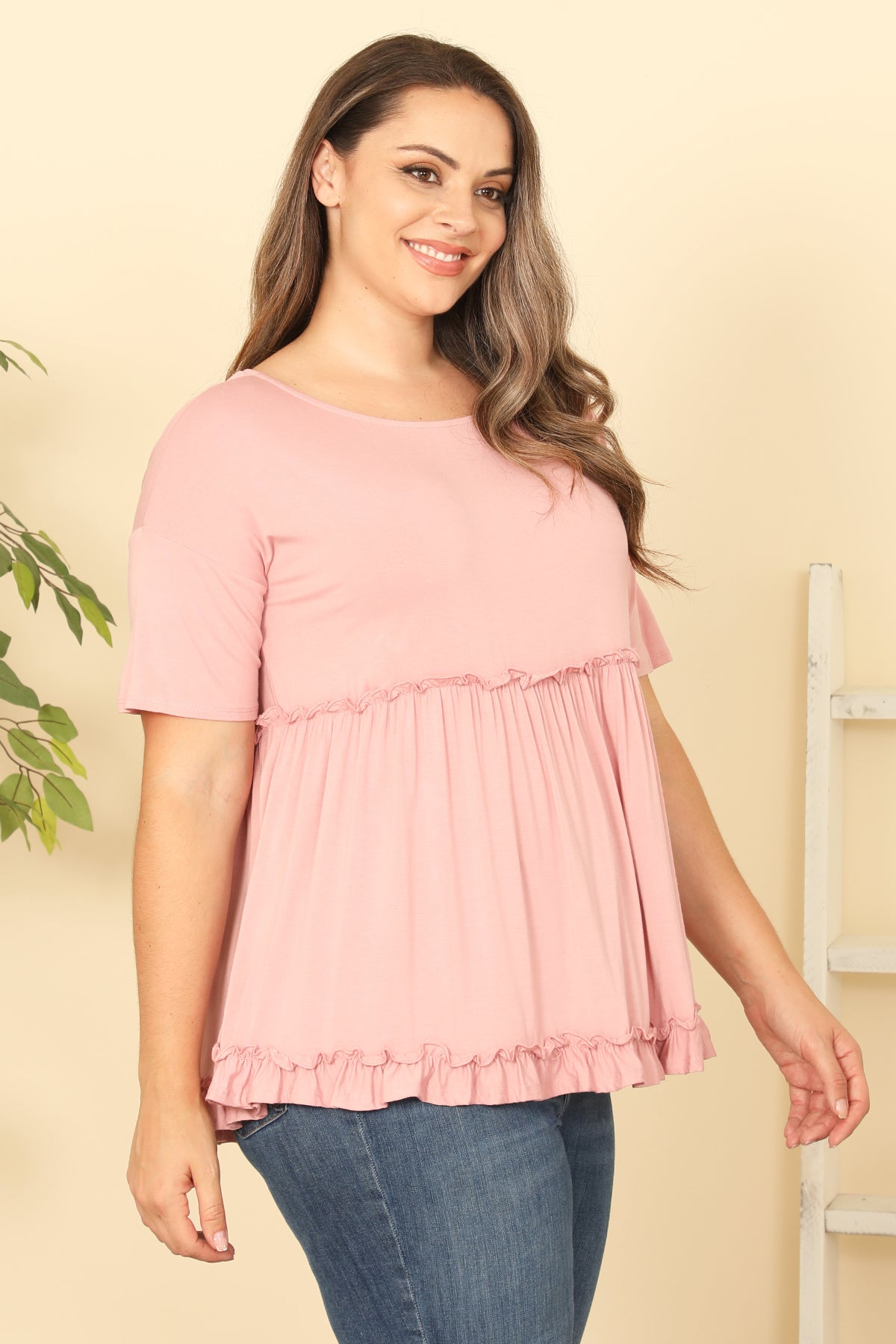 PLUS SIZE SHORT SLEEVE MERROW PLEATED DETAIL SOLID TOP 2-2-2