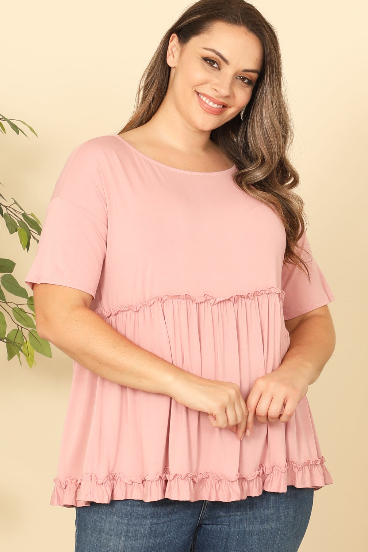 PLUS SIZE SHORT SLEEVE MERROW PLEATED DETAIL SOLID TOP 2-2-2