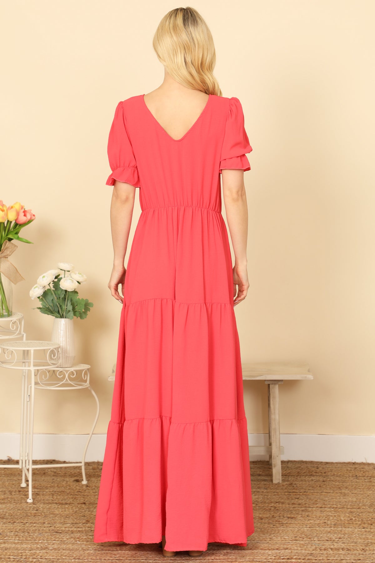 V-NECK RUFFLE PUFF SLEEVE TIERED SOLID MAXI DRESS 2-2-2-2