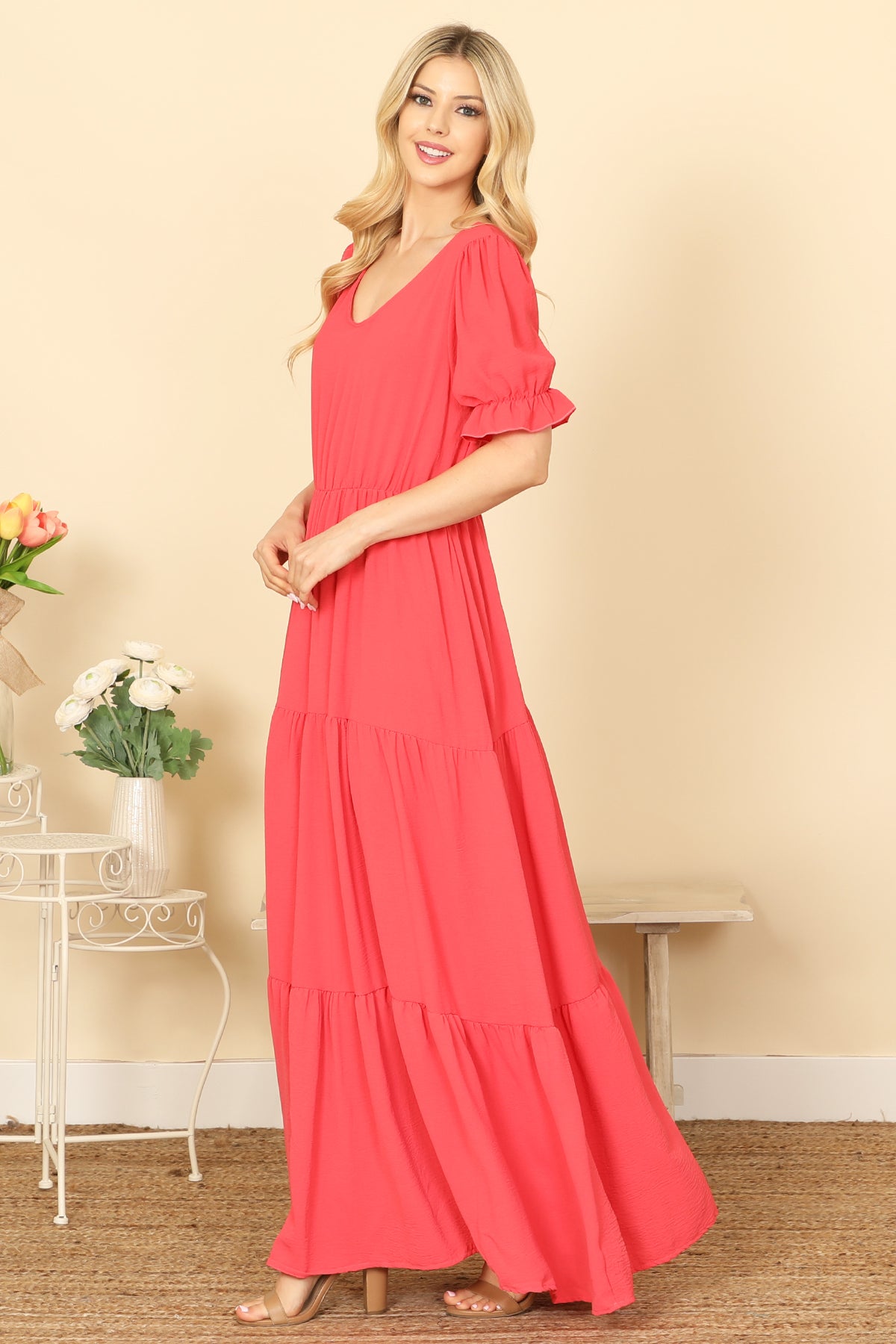 V-NECK RUFFLE PUFF SLEEVE TIERED SOLID MAXI DRESS 2-2-2-2