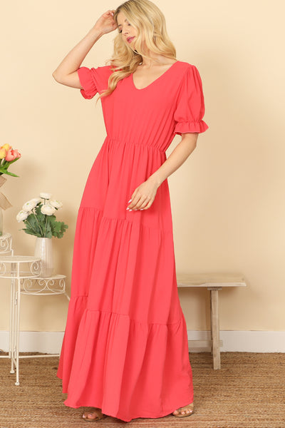 V-NECK RUFFLE PUFF SLEEVE TIERED SOLID MAXI DRESS 2-2-2-2