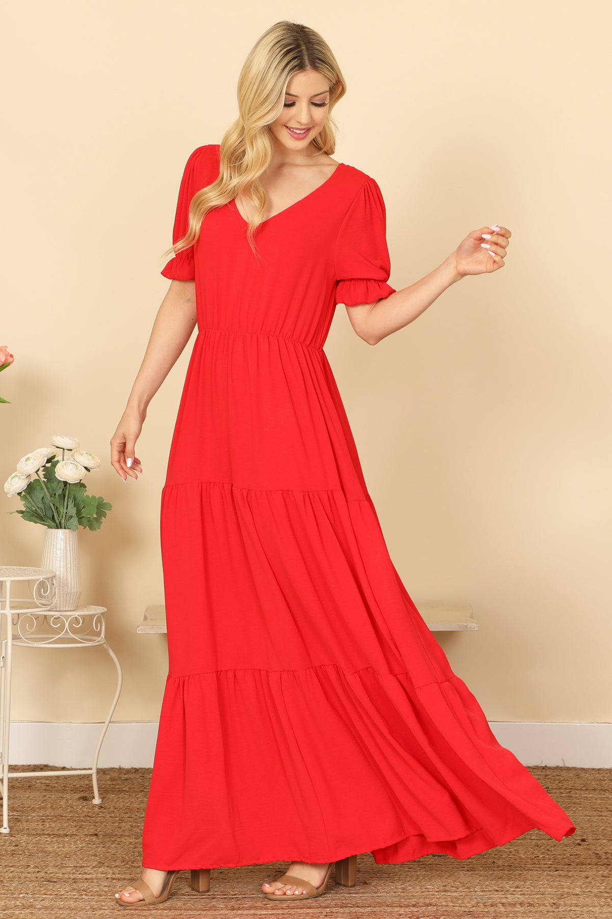 V-NECK RUFFLE PUFF SLEEVE TIERED SOLID MAXI DRESS 2-2-2-2