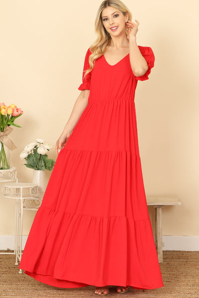 V-NECK RUFFLE PUFF SLEEVE TIERED SOLID MAXI DRESS 2-2-2-2