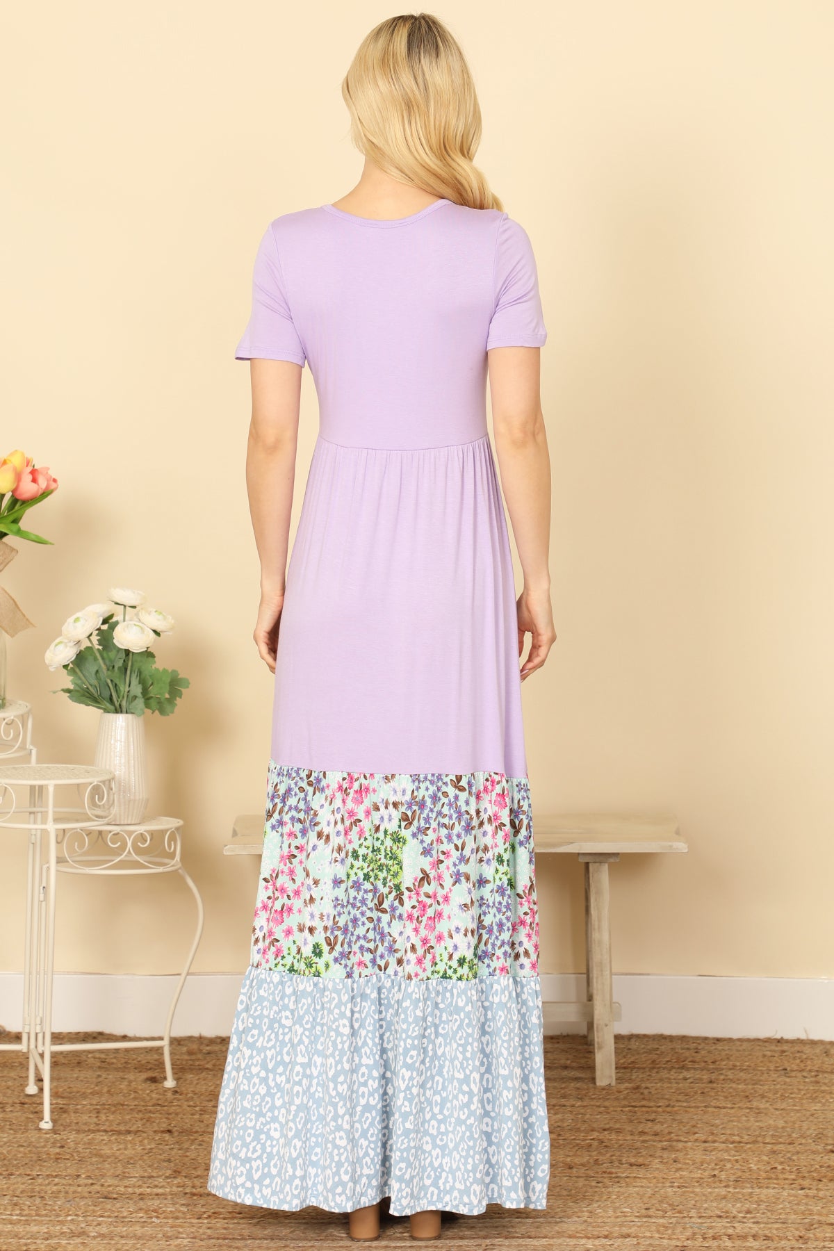 LAVENDER SHORT SLEEVE SOLID COLOR BLOCK FLORAL-LEOPARD HEM MAXI DRESS 2-2-2-2