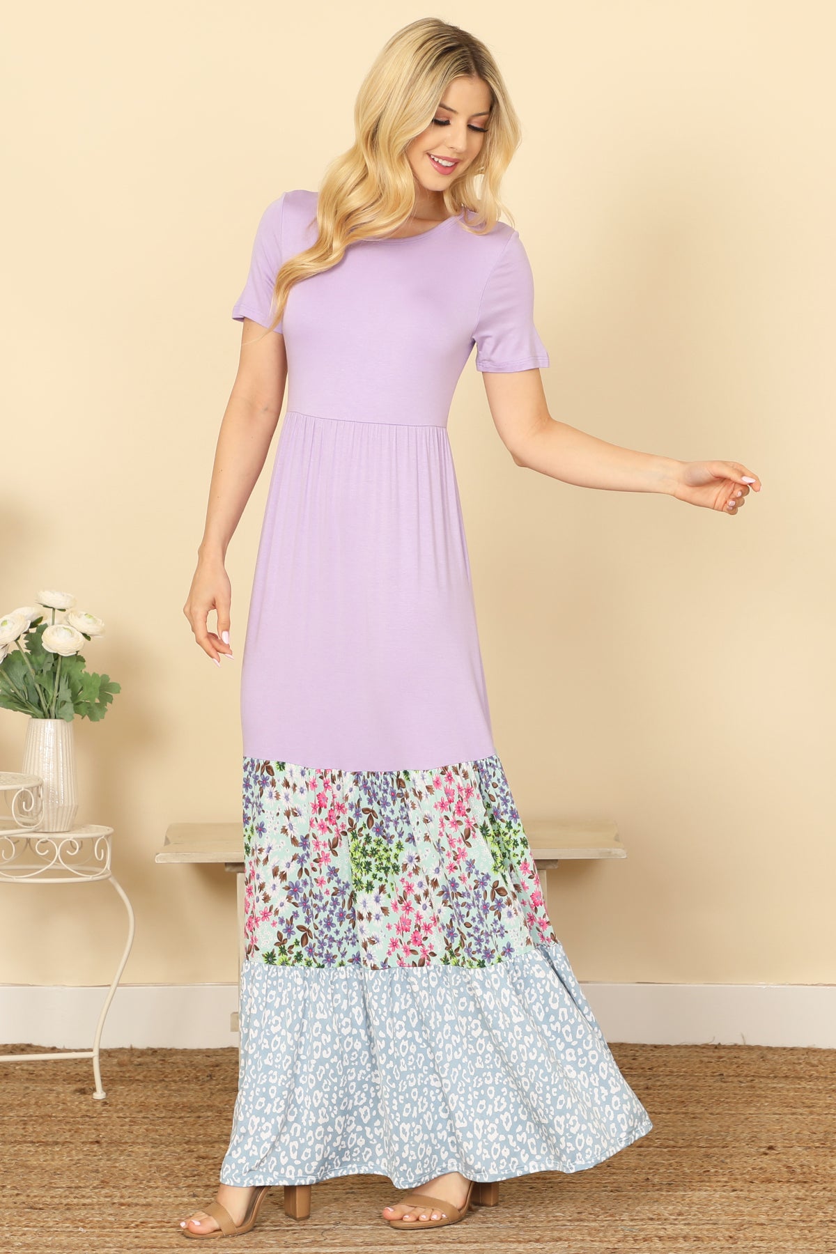 LAVENDER SHORT SLEEVE SOLID COLOR BLOCK FLORAL-LEOPARD HEM MAXI DRESS 2-2-2-2