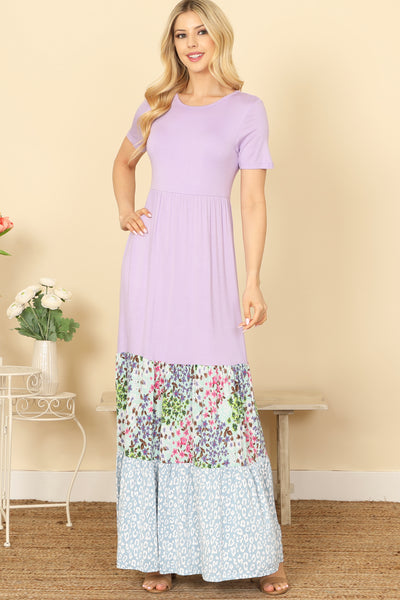 LAVENDER SHORT SLEEVE SOLID COLOR BLOCK FLORAL-LEOPARD HEM MAXI DRESS 2-2-2-2