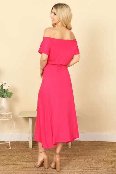 OFF SHOULDER SHORT SLEEVE WAIST TIE SOLID MIDI DRESS 2-2-2-2 (NOW $6.75 ONLY!)