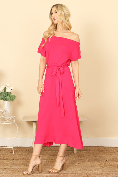 OFF SHOULDER SHORT SLEEVE WAIST TIE SOLID MIDI DRESS 2-2-2-2 (NOW $6.75 ONLY!)