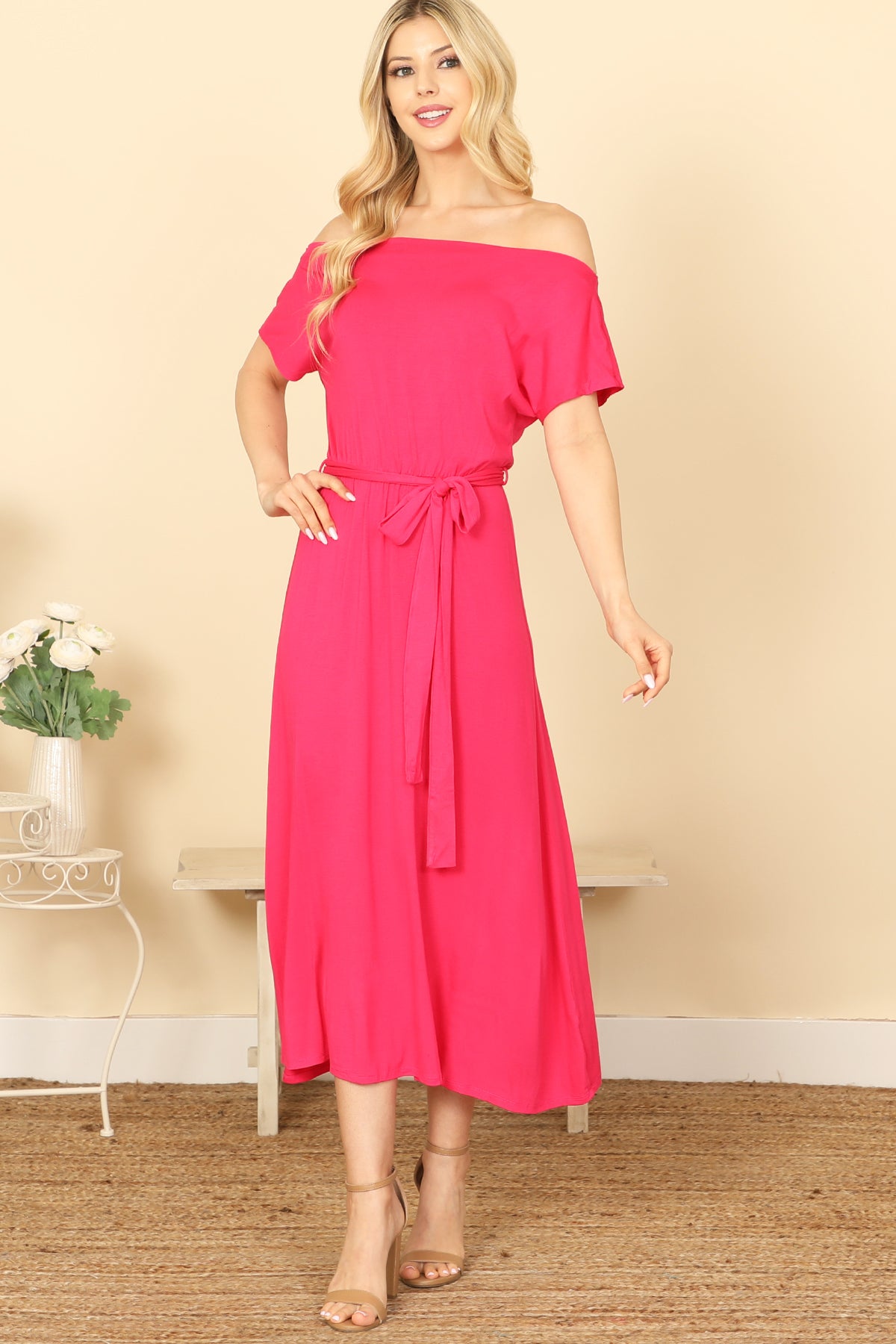 OFF SHOULDER SHORT SLEEVE WAIST TIE SOLID MIDI DRESS 2-2-2-2 (NOW $6.75 ONLY!)