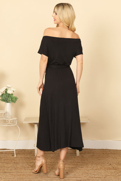 OFF SHOULDER SHORT SLEEVE WAIST TIE SOLID MIDI DRESS 2-2-2-2 (NOW $6.75 ONLY!)