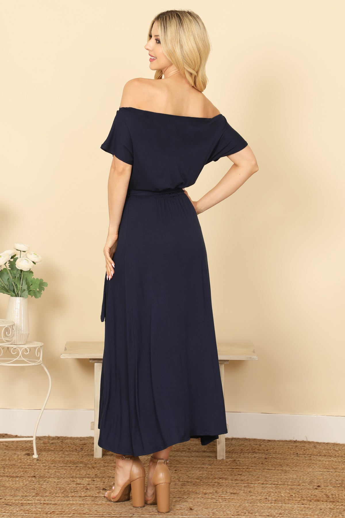 OFF SHOULDER SHORT SLEEVE WAIST TIE SOLID MIDI DRESS 2-2-2-2 (NOW $6.75 ONLY!)