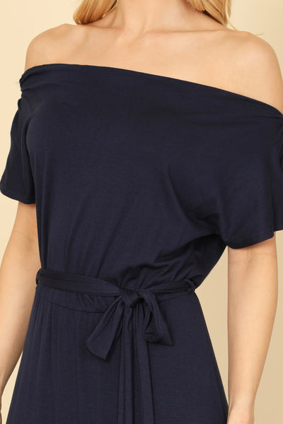 OFF SHOULDER SHORT SLEEVE WAIST TIE SOLID MIDI DRESS 2-2-2-2 (NOW $6.75 ONLY!)