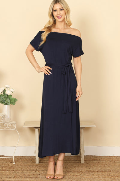 OFF SHOULDER SHORT SLEEVE WAIST TIE SOLID MIDI DRESS 2-2-2-2 (NOW $6.75 ONLY!)