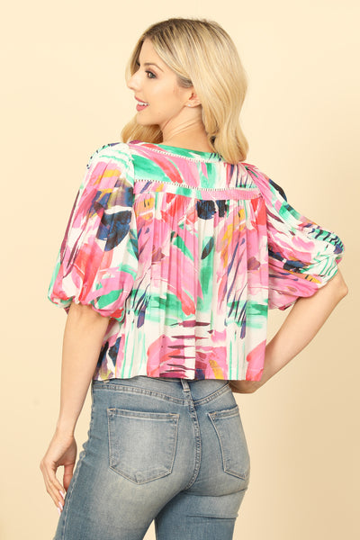 WHITE MULTI PRINT HALF PUFF SLEEVE PRINTED HANGING BLOUSE TOP 2-2-1