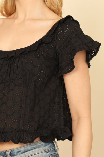 SHORT RUFFLE SLEEVE EYELET DETAIL CROP TOP 2-2-1