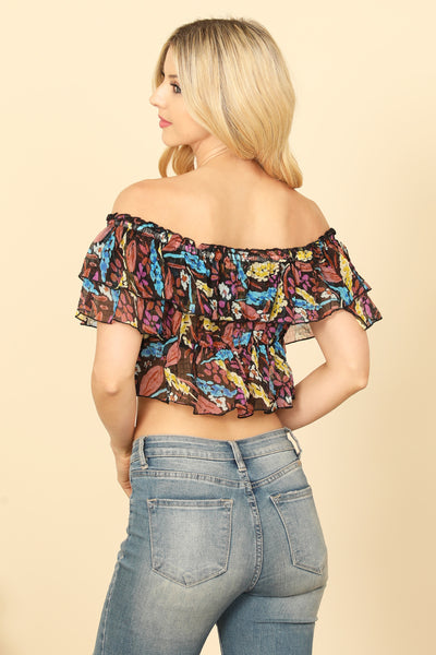 BLACK MULTI OFF SHOULDER RUFFLE DETAIL PRINTED CROP TOP 2-2-1