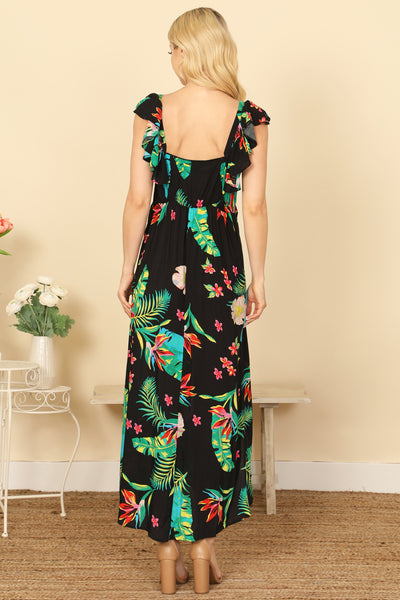 V-NECK RUFFLE SLEEVELESS SIDE SLIT TROPICAL PRINT MAXI DRESS 2-2-1