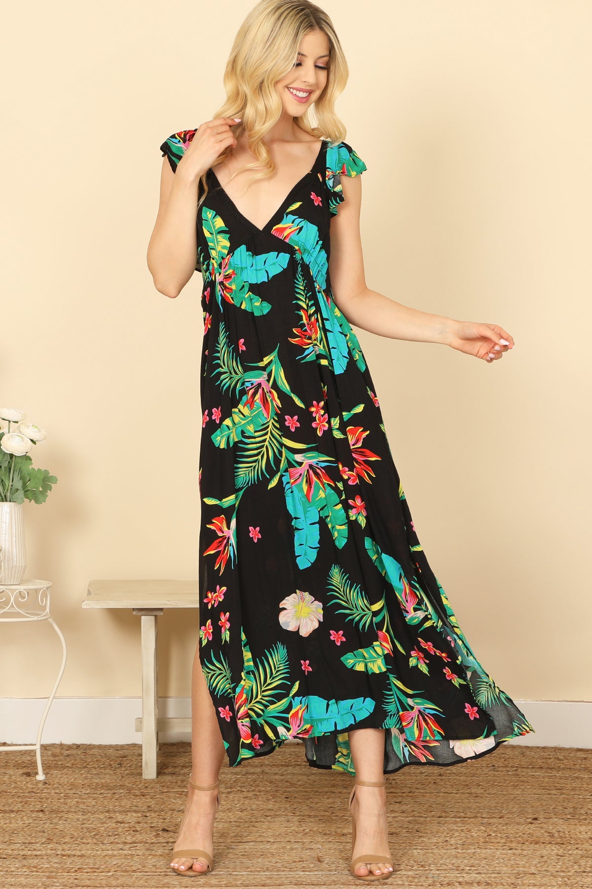 V-NECK RUFFLE SLEEVELESS SIDE SLIT TROPICAL PRINT MAXI DRESS 2-2-1