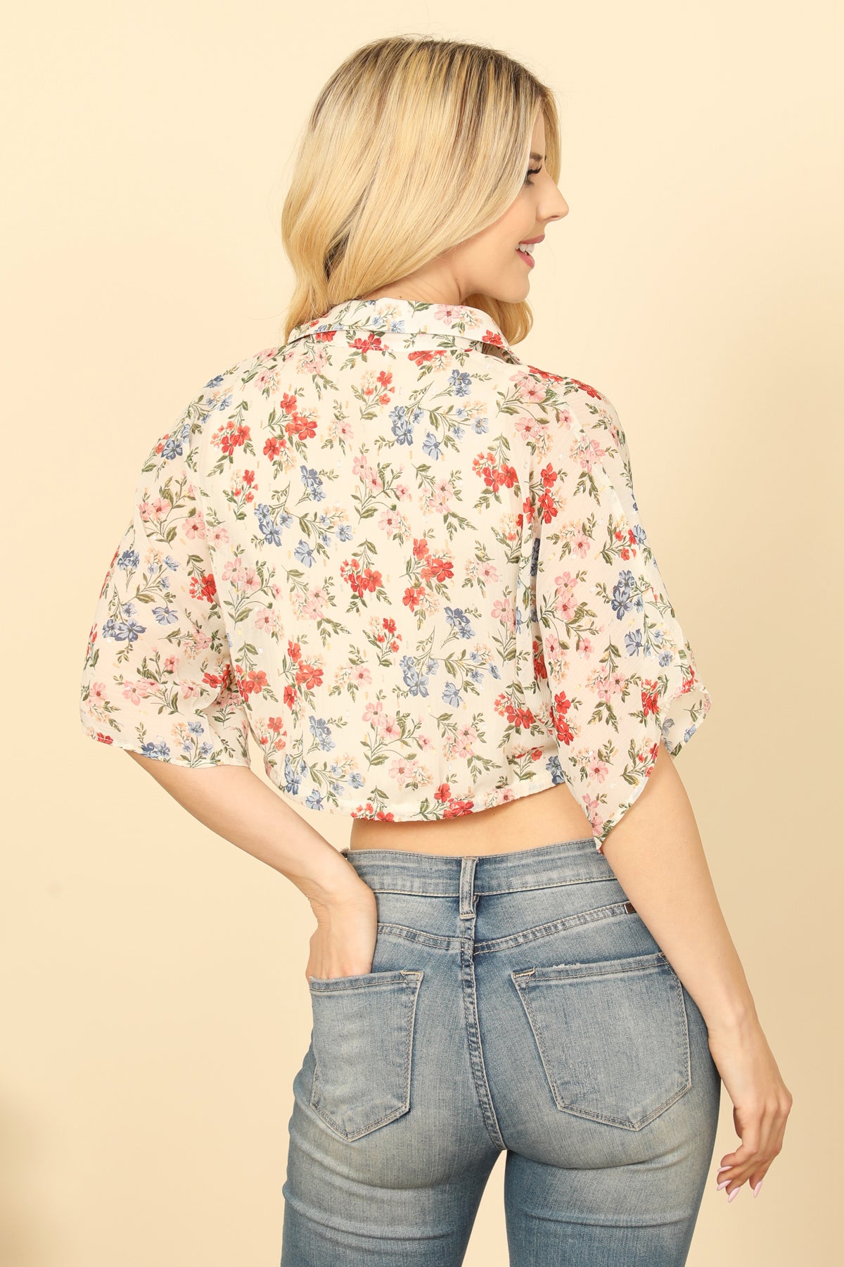 IVORY MULTI FLORAL HALF SLEEVE COLLARED WAIST TIE CROP TOP 2-2-1