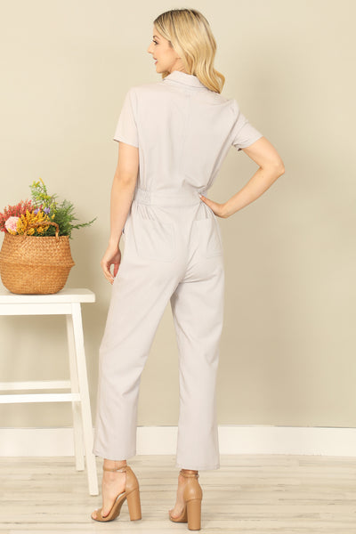 LT. GREY SHORT SLEEVE COLLARED SIDE POCKET SOLID JUMPSUIT 2-2-2