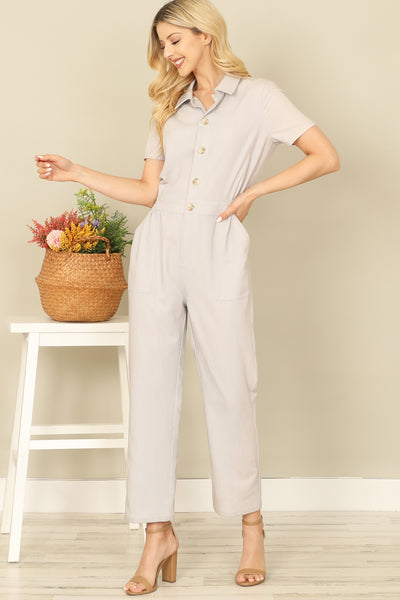 LT. GREY SHORT SLEEVE COLLARED SIDE POCKET SOLID JUMPSUIT 2-2-2