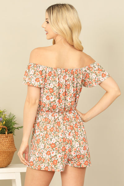 SAGE MULTI OFF SHOULER WAIST TIE SIDE POCKET FLORAL ROMPER 2-2-2