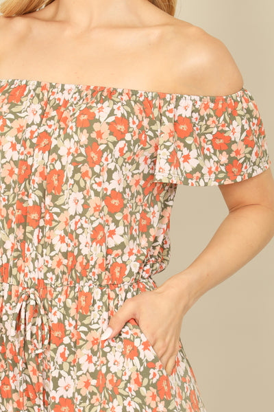 SAGE MULTI OFF SHOULER WAIST TIE SIDE POCKET FLORAL ROMPER 2-2-2