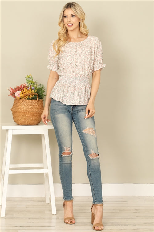 T17353-RUFFLE HALF SLEEVE SMOCKED WAIST FLORAL TOP 2-2-2
