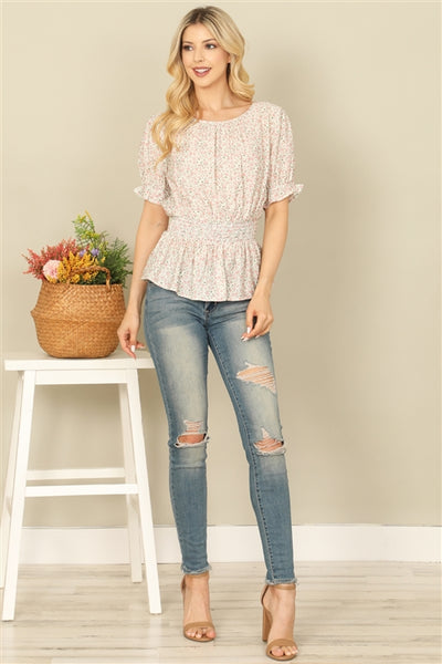 T17353-RUFFLE HALF SLEEVE SMOCKED WAIST FLORAL TOP 2-2-2