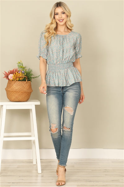 T17353-RUFFLE HALF SLEEVE SMOCKED WAIST FLORAL TOP 2-2-2