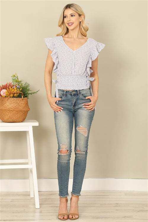 T20089-RUFFLE SLEEVELESS SIDE RIBBON SMOCKED WAIST FLORAL TOP 2-2-2