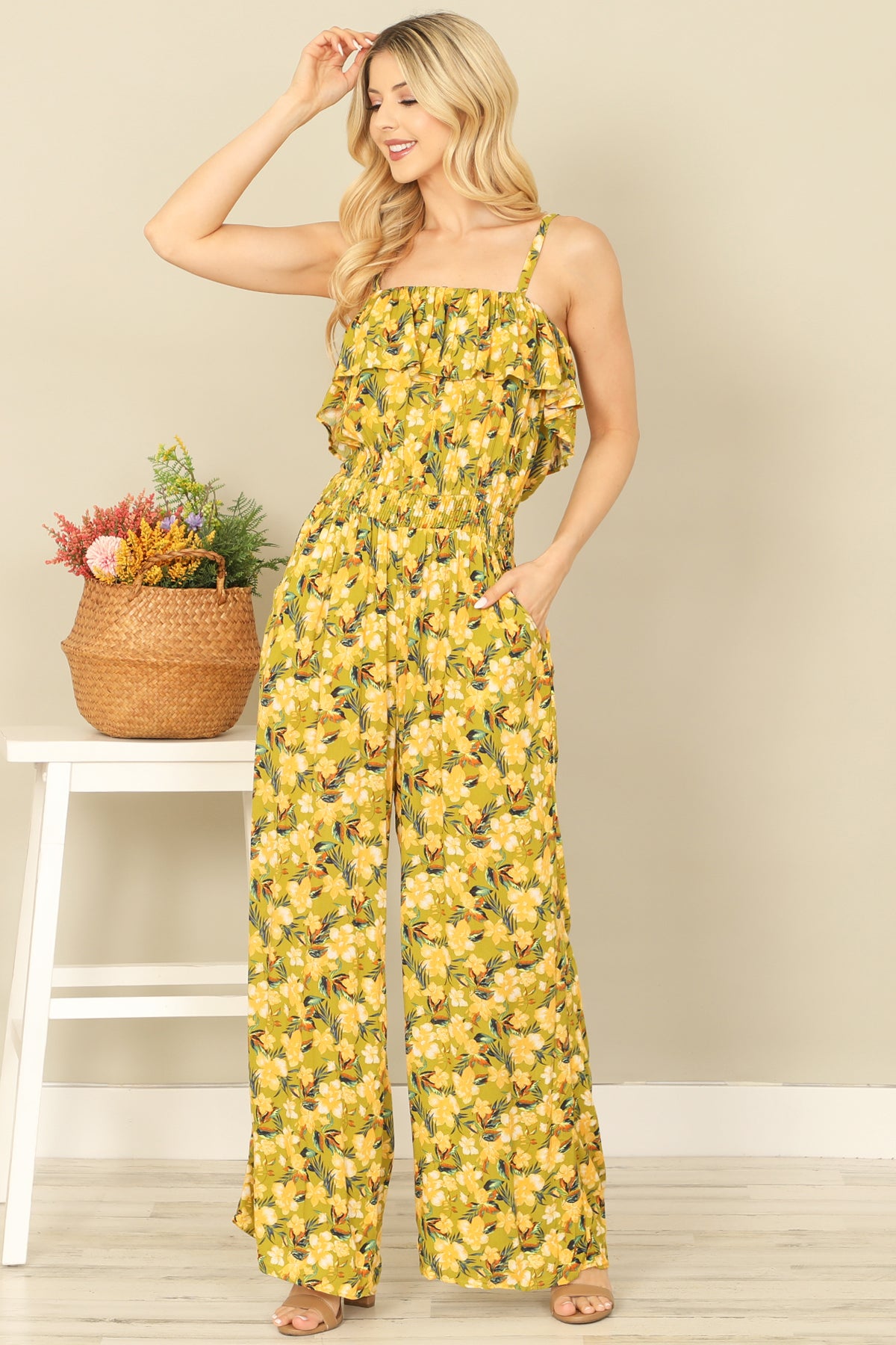 SPAGHETTI STRAP RUFFLE DETAIL SIDE POCKET PRINTED JUMPSUIT 2-2-2