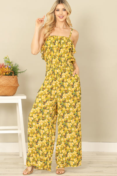 SPAGHETTI STRAP RUFFLE DETAIL SIDE POCKET PRINTED JUMPSUIT 2-2-2