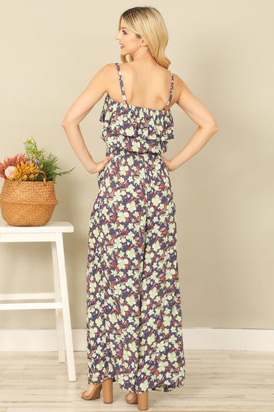 SPAGHETTI STRAP RUFFLE DETAIL SIDE POCKET PRINTED JUMPSUIT 2-2-2