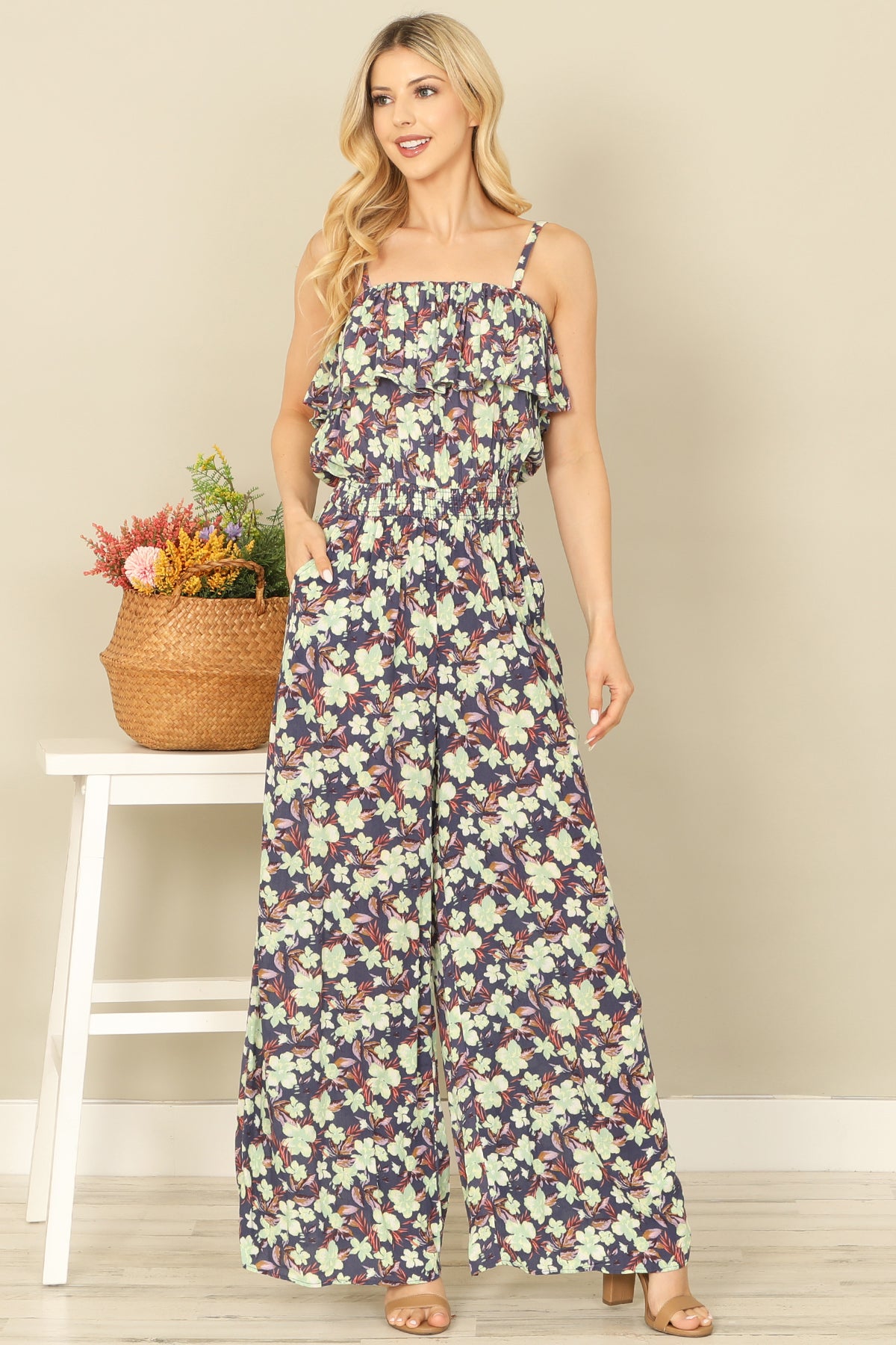 SPAGHETTI STRAP RUFFLE DETAIL SIDE POCKET PRINTED JUMPSUIT 2-2-2