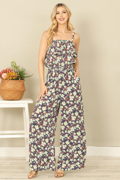 SPAGHETTI STRAP RUFFLE DETAIL SIDE POCKET PRINTED JUMPSUIT 2-2-2