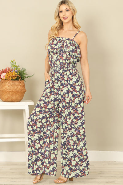 SPAGHETTI STRAP RUFFLE DETAIL SIDE POCKET PRINTED JUMPSUIT 2-2-2