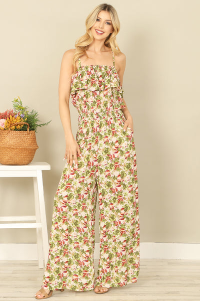 SPAGHETTI STRAP RUFFLE DETAIL SIDE POCKET PRINTED JUMPSUIT 2-2-2