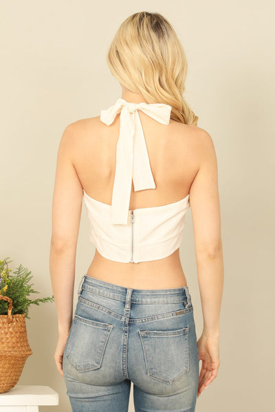 CREAM HALTER WIDE TIE STRAP SOLID CROP TOP 1-2-2-1