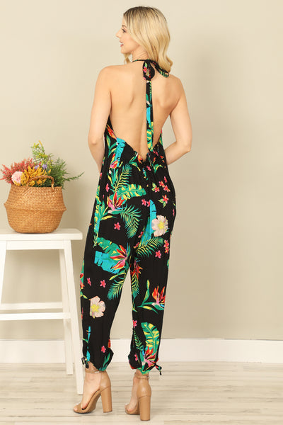 BLACK TROPICAL HALTER TIE STRAP BACKLESS JUMPSUIT 2-2-1