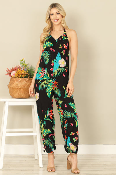 BLACK TROPICAL HALTER TIE STRAP BACKLESS JUMPSUIT 2-2-1