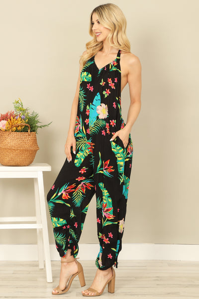 BLACK TROPICAL HALTER TIE STRAP BACKLESS JUMPSUIT 2-2-1